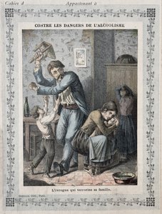 Dronkaard die zijn familie terroriseert, omslag van een schoolschrift, ca. 1900