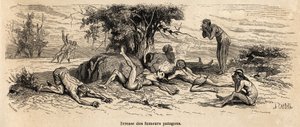 Dronkenschap van rokers, tekening door de auteur, ter illustratie van 3 jaar gevangenschap onder de Patagoniërs door French School