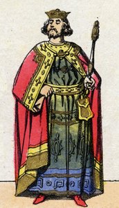 Capetingische dynastie: Portret van Lodewijk VI de Dikke (1081-1137), koning der Franken van 1108 tot 1137. Epinal afbeelding uit het einde van de 19e eeuw. Privécollectie door French School
