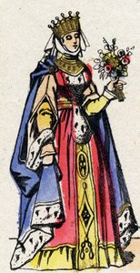 Dynastie van de Capetingen: Portret van Margaretha van Provence (1221-1295), Koningin van Frankrijk, vrouw van Lodewijk IX van Frankrijk (1214-1270). Epinal afbeelding eind 19e eeuw. Privécollectie. door French School