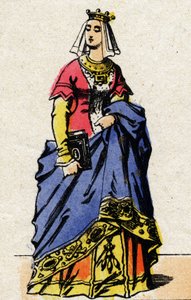 Dynastie van de Valois: Portret van Charlotte de Savoie (1441-1483) Koningin van Frankrijk, vrouw van Lodewijk XI van Frankrijk, bekend als de Voorzichtige (1423-1483). Epinal afbeelding uit het einde van de 19e eeuw. Privécollectie.