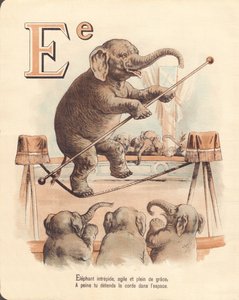 E: Olifant, evenwichtskunstenaar onverschrokken olifant, behendig en vol gratie, ontspant nauwelijks het touw in de ruimte