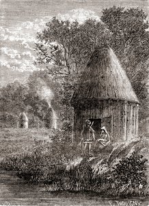 Vroege Gallische huizen, een ronde hut met een gat in het dak om de rook van het vuur te laten ontsnappen, uit 