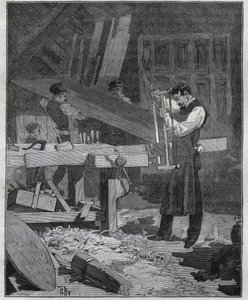 Ebenisterie: ebenist werker die een plank splijt aan de werkbank. Gravure uit 1885 in 