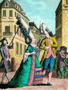 Excentrieke kapsels in de 18e eeuw: de Franse vrouw op de wandeling. Gravure uit de 18e eeuw. Privécollectie. door French School
