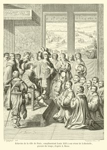 Schepenen van de stad Parijs, complimenterend Lodewijk XIII bij zijn terugkeer uit La Rochelle, gravure uit die tijd; naar A Bosse door French School