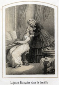 Onderwijs voor jonge meisjes uit goede families: een jonge Franse vrouw die op de piano zit, wordt overgenomen door haar huishoudster. Anonieme gravure uit de 19e eeuw. door French School
