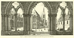 Kerk en knekelhuis van de Tempel, facsimile van een gravure van I Sylvestre door French School
