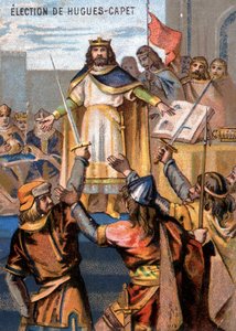Verkiezing van Hugues-Capet (987) tot koning. Chromolithografie van de serie 