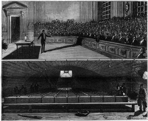 Experiment met elektrisch licht uitgevoerd in 1813 door Humphry Davy (1778-1829), in zijn scheikundecursus aan de Royal Institution of London (Engeland). Gravure in 