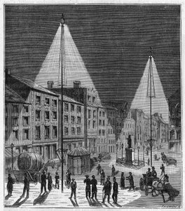 Elektrische verlichting van de stad Norwich in Engeland in de 19e eeuw - Elektrische verlichting van de stad Norwich in Engeland in de 19e eeuw - Gravure in 