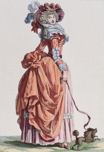 Elegante vrouw met haar hondje, modeplaat uit Galerie des Modes et Costumes Français, gegraveerd door Bacquoy