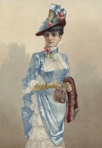 Elegante jonge dame in blauwe jurk, met kleine handtas door French School