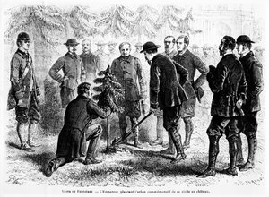 Keizer Napoleon III plant een boom in Ferrières, het huis van Baron James de Rothschild, ter herdenking van zijn bezoek, uit Le Monde Illustré, 2 november 1862