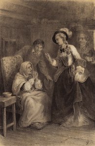 Keizerin Maria Theresia van Oostenrijk bezoekt een aan huis gebonden arme vrouw door French School