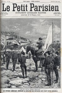 Einde van de Spaans-Amerikaanse Oorlog in 1898. Amerikaanse officieren kondigen het staken van de vijandelijkheden aan bij de Spaanse voorposten. Gravure in 