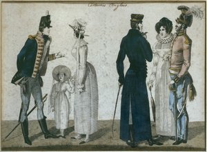 Engelse kostuums, illustratie uit Le Bon Genre, begin 19e eeuw (kleurgravure) door French School