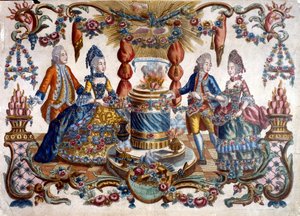 Gravure met Franse edelmannen en vrouw wandelend in een tuin. 18e eeuw door French School