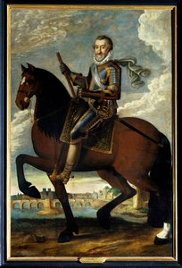 Ruiterportret van Hendrik IV, koning van Frankrijk voor de Pont Neuf in Parijs door French School