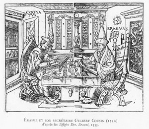 Erasmus en zijn secretaris Gilbert Cousin (houtsnede)