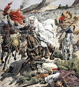 Ontsnapping van Sultan Abd Al-Aziz uit Marokko, omslagillustratie uit Le Petit Journal, 6 september 1908 door French School