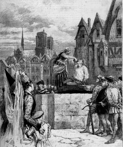 Esmeralda geeft Quasimodo een drankje op de Place de Greve. Illustratie van Notre Dame de Paris door Victor Hugo (1802-1885). Gravure uit 1879.