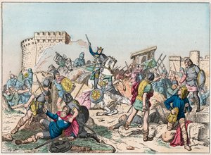 Eudes (Odon) (860-898), Karolingische dynastie, leidde de strijd tegen de Noormannen en verdedigde Parijs (885-887) - Eudes (860-898) in de strijd tegen de Noormannen - Gravure van het einde van de 19e eeuw in 