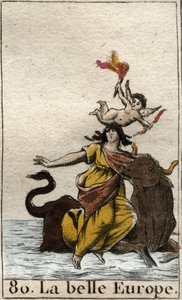 Europa ontvoerd door Zeus in de vorm van een stier. Uit “Mythologie de la jeunesse” door Pierre Blanchard 1803. door French School