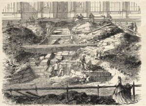 Opgravingen in de Cour Carrée du Louvre - Ontdekking van de fundamenten van de voormalige toren van Philippe Auguste - Opgravingen uitgevoerd in de binnenplaats van het Louvre - blootlegging van de fundamenten van de voormalige Tour Philippe-Auguste - Grav