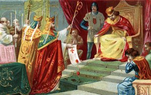 Excommunicatie van Robert II de Vrome in 998. De koning van Frankrijk, zoon van Hugues Capet, wordt verliefd en trouwt met zijn nicht Berthe van Bourgondië ondanks de afkeuring van paus Gregorius V, die hem ook excommuniceert. Chromolithografie van het ein