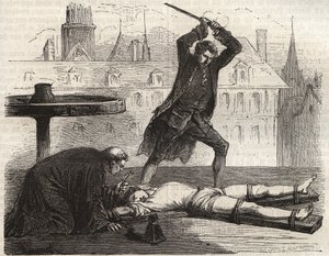 Executie (Le torice de la roue) van de vergiftiger Antoine-Francois Desrues (1744-1777) op de Place des Greves in Parijs in 1777 - Straf van Desrues, gebroken op het rad op de Place de Greve in Parijs door French School