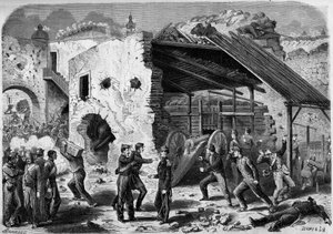 Expeditie naar Mexico (1861-1867) - beleg van Puebla - 1863: aanval op een blok (huizenblok) door het Franse leger. Eenmaal binnen in de stad moesten de Franse soldaten wijk voor wijk vechten. Gravure in 