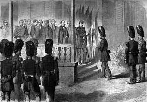 Expeditie naar Mexico (1861-1867): Napoleon III (1808-1873) overhandigt de sergeanten van de regimenten van de grenadiers van de garde de vlaggen die door het Franse leger in Mexico zijn veroverd door French School