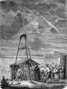 Experiment uitgevoerd op 10 mei 1752, door Thomas-François Dalibard (1703-1779) in Marly, eerste demonstratie van de aanwezigheid van elektriciteit in onweerswolken - gravure