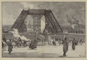 Exposition Universelle, huidige staat van de Eiffeltoren, uitzicht vanaf het Trocaderopark (gravure)