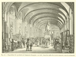 Tentoonstelling van Franse industriële producten, in 1819, in de zalen van de begane grond, onder de colonnade door French School