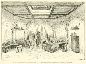 Retrospectieve Tentoonstelling van Werk, reconstructie van een chemisch laboratorium in de 17e eeuw door French School