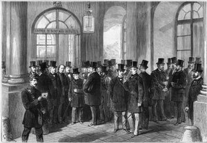 Verlenging van de presidentiële termijn van maarschalk Mac-Mahon, instelling van het septennat in Frankrijk, november 1873: zicht op de ingang van de Assemblée de Versailles, op de dag van de discussie over de verlenging. Van links naar rechts door French School