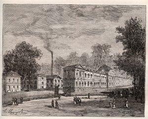Buitenaanzicht van de Keizerlijke Porseleinfabriek van Sevres, gebouwd in het park van Saint Cloud volgens de plannen van architect Laudin - gravure in 