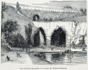 Buitenaanzicht van de watervallen en grotten van de Buttes Chaumont, gravure 19e eeuw door French School