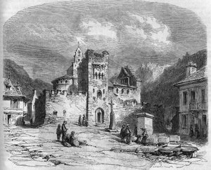 Buitenzicht van de kerk van Saint Andre (kerk van de Tempeliers), versterkt in de 14e eeuw. Luz saint saviour (Luz-Saint-Sauveur), Hautes Pyrennees (65) door French School