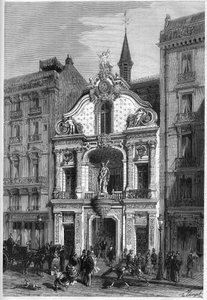 Buitenaanzicht van het hotel van de krant "Le Figaro" in Parijs op 26, rue Drouot. Gravure in "Le Monde Illustré" n°888 van 18 april 1874. door French School