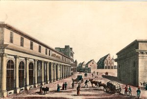 Buitenaanzicht van de medische school in Parijs onder het Consulaat (1799-1804). Gravure van de 19e eeuw. Privécollectie. door French School