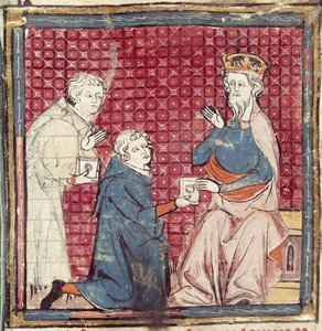 F.117r Boodschappers vertellen Karel de Grote over de overwinning op de Saracenen, uit de Grandes Chroniques de France, 1375-79 door French School