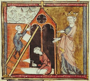 F.235v Koning Lodewijk VI kijkt naar de bouw van een kerk, uit de Grandes Chroniques de France