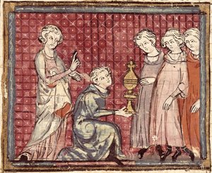 De verdeling van het koninkrijk na de dood van Clotaire I (497-561), uit de Grandes Chroniques de France 1375-79