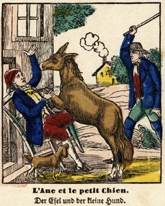 Fabels van La Fontaine: de ezel en de kleine hond. Afbeelding van Epinal, eerste helft van de 19e eeuw door French School