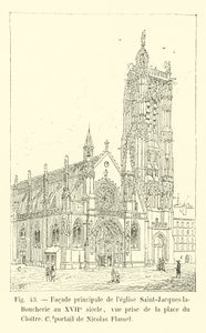 Hoofdfaçade van de Saint-Jacques-la-Boucherie kerk in de 17e eeuw, zicht vanaf de place du Cloître, portaal van Nicolas Flamel door French School