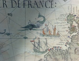 Facsimile van walvisvangst en eiland Saint Brandon, detail van een portolaan kaart door Pierre Desceliers, 1546, gepubliceerd in Monuments de la Geographie door Edme Francois Jomard (1777-1862)
