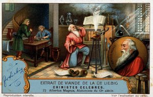 Beroemde chemici: Albrecht von Bollstadt bekend als Albert de Grote of Albertus Magnus (1206 - 1280), Dominicaanse broeder, Duitse chemicus en alchemist professor van Thomas van Aquino kan worden voorgesteld als een leerling op de afbeelding door French School